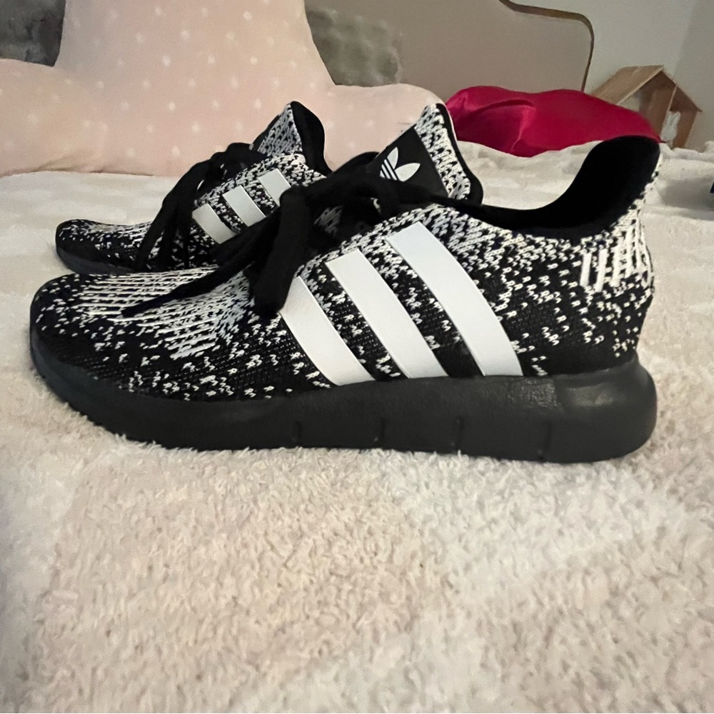 Adidas Black and White Athletic Shoes with Speckled Design. Box not included.